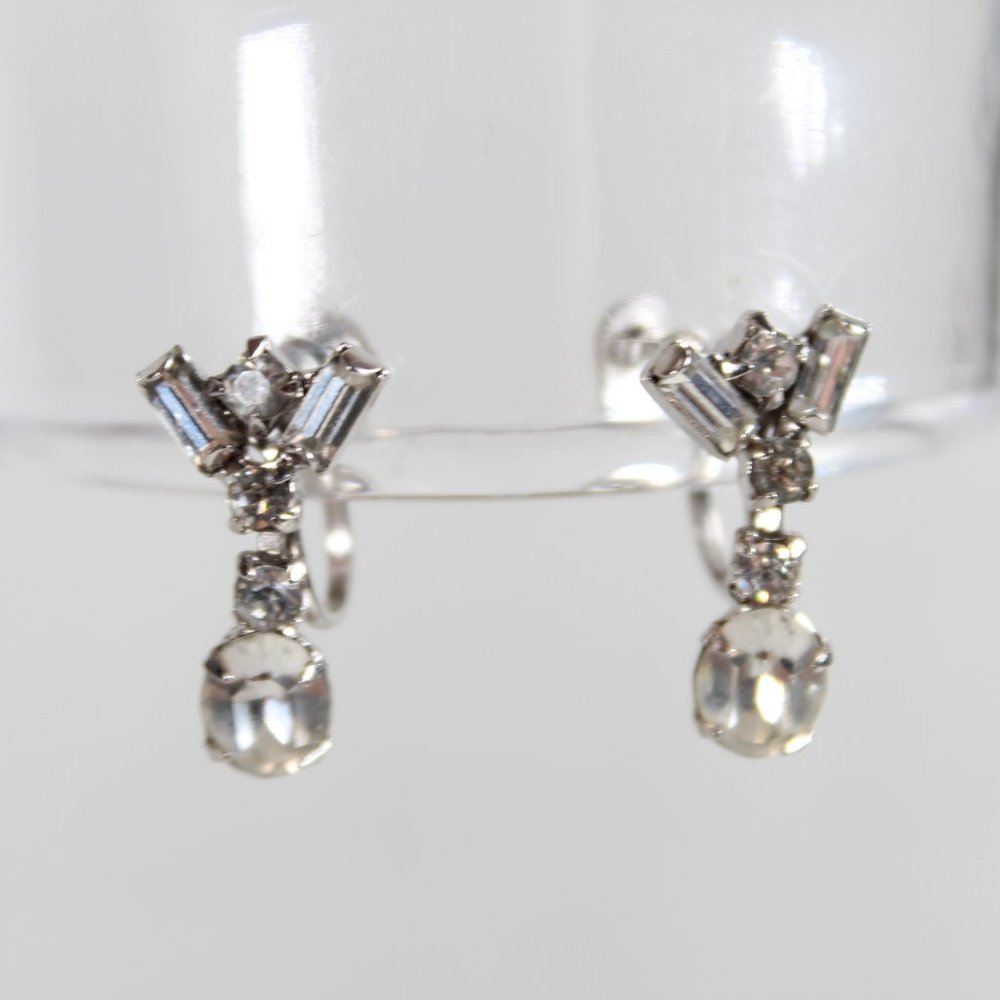 Vintage 1960s Silver-Toned Metal Clear Rhinestone Screw-Back Clip-On Earrings